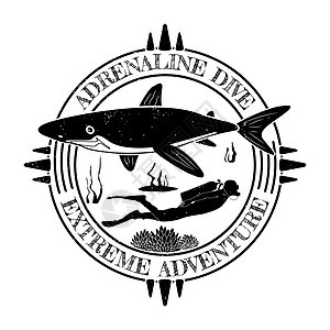 Grunge 复古潜水标签设计与鲨鱼和潜水员 它制作图案矢量图片