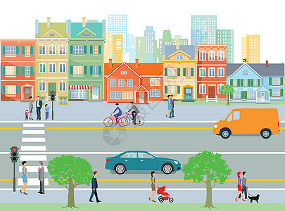 有交通和行人的城市 插图图片