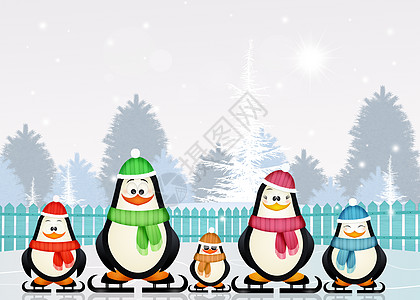 冬天企鹅在冰上滑冰家庭海上生活插图动物冰刀庆典冰屋图片