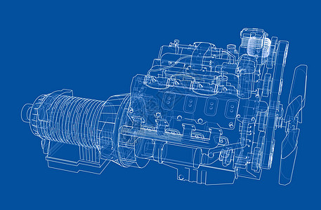 汽车引擎  3 的矢量渲染框架机器技术床单机械工程插图横幅蓝图网格图片