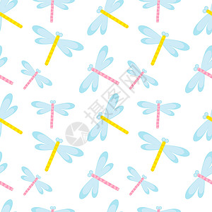 可爱的蜻蜓无缝模式 春天的昆虫重复纹理 夏天无尽的背景壁纸 矢量图图片