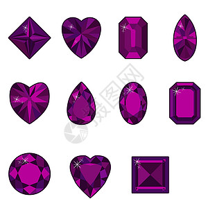 向量集的各种形状的钻石珠宝水晶财富宝石石头收藏紫色插图六边形菱形图片