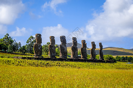 Moais雕像 Ahu Akivi 东岛岩石文化世界遗产考古学雕塑石头石像旅行海洋巨石图片