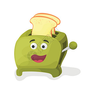 白色背景上的绿色卡通烤面包机插图面包吉祥物按钮用餐草图器具绘画营养早餐厨具图片