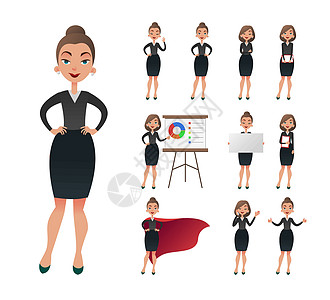 漂亮的女商务人士工作字符集 在办公室工作情况下成功的企业家女士 自信的年轻经理在工作场所卡通片职场图表女性工具超级英雄女孩职业工图片