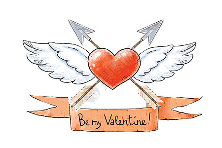 情人节的爱情元素集 带复古箭头的带翅膀的心和做我的情人刻字 矢量图图片