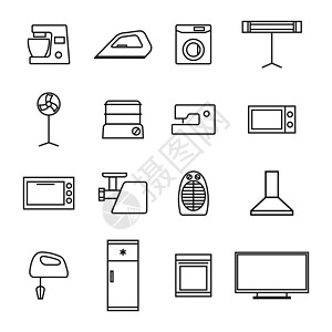 从细线的家用电器图标 矢量说明用具微波电视汽船房子加热器清洁工冰箱机器厨房图片