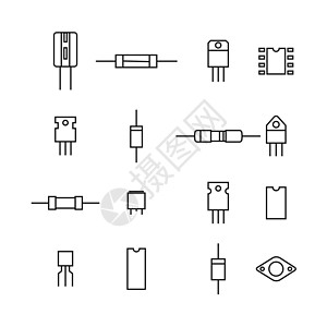 细线的电子和无线电元件 矢量图解电气工程国家电路电阻器电线芯片绘画插图微电路图片