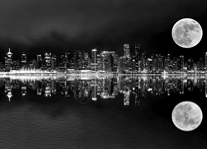 温哥华夜月满月海景天际建筑物市中心旅行反射海洋城市港口全景图片