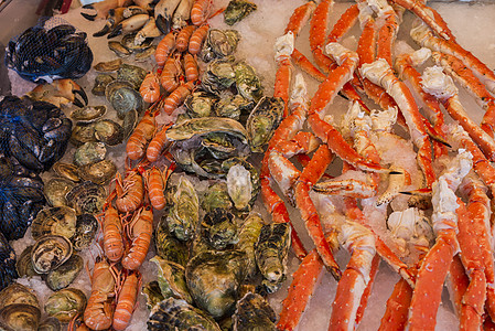 N州卑尔根鱼市货架上的各种海产食品渔夫海滨贸易龙虾美食市场美味螃蟹海洋国王图片