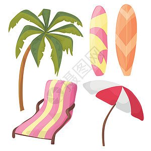 海滩图标集-卡通设备-躺椅 棕榈树 木板 雨伞图片