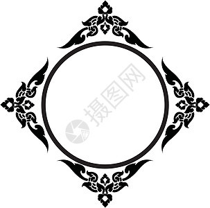 泰国模式的圆形框架边界植物装饰绘画黑色圆圈文化风格艺术白色图片