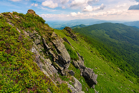 山脊有岩石悬崖的草坡划分土地爬坡海拔脊线石头风景地面边缘山坡图片