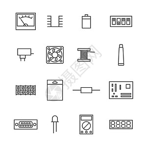 细线的电子和无线电元件 矢量图解电池绘画电路连接器指标电气国家焊接散热器插图图片