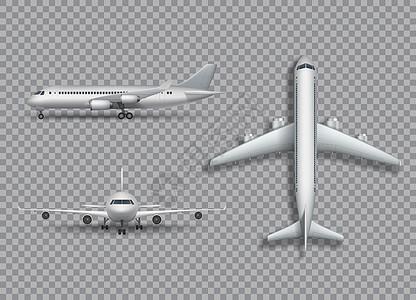 白色飞机模拟孤立 在透明背景上的逼真 3D 插图 一组从正面和顶视图看的飞机 矢量图图片