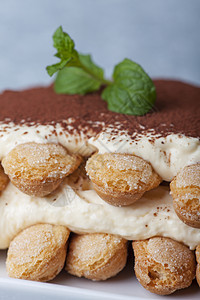 特写蒂拉米苏甜点巧克力盘子美食饼干奶油薄荷蛋糕咖啡蓝色奶制品图片