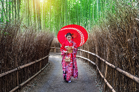 竹林 亚洲女人在日本京都的竹林 穿着日式传统和服文化植物栅栏花园场景街道地标寺庙木头女孩图片