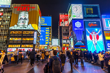 城市广告牌日本大阪Dotonbori夜街购物街旅游者观光景观旅游一叶夜生活生活商业娱乐街道餐厅背景