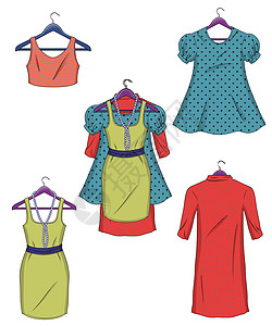 衣架上的衣服 平面样式矢量图中的女装物品插图女性绿色套装女士织物房间销售衬衫图片