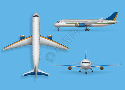 现实的客运飞机模拟客机在正面视图中 现代飞机飞行在蓝色背景下被隔离  3d 飞机运输设计 它制作图案矢量图片