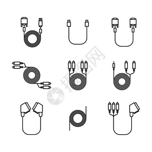 带有细线插头的电线和电缆图标矢量插图金属闪电网络视频电脑绳索别针显卡技术国家图片