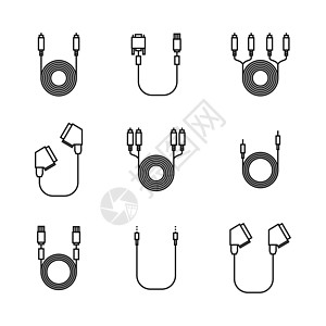 带有细线插头的电线和电缆图标矢量插图金属网络技术闪电视频绳索显卡界面力量国家图片