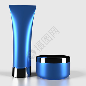 装有化妆品的蓝色管和罐子  3D渲染图片