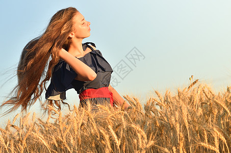 一个年轻女孩在小麦田挥舞长发图片