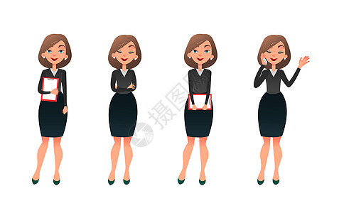 设置各种姿势的性格女商务人士 卡通秘书或老师在不同的工作情况下 白色背景上微笑的女商务人士扁平人物女士帮助女性推销员卡通片女孩私图片