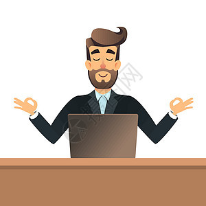商务人士在办公室用笔记本电脑坐在桌子旁的莲花姿势中冥想 商务人士在工作场所冷静下来 放松的概念 男人在瑜伽体式中休息 辛苦之后的图片