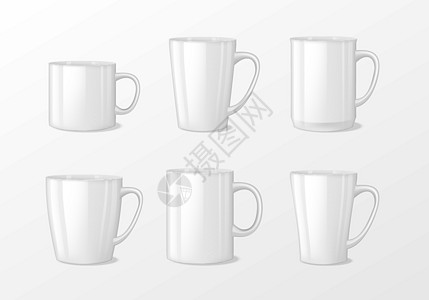 白色马克杯样机逼真的空白白色咖啡杯带手柄 用于分离的茶矢量模板样机的杯瓷 它制作图案矢量早餐的现实茶杯插画