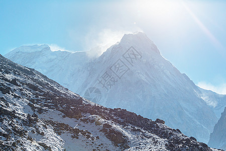 坎钦琴川地区远足旅行旅游冰川干城风景顶峰场景山腰登山图片