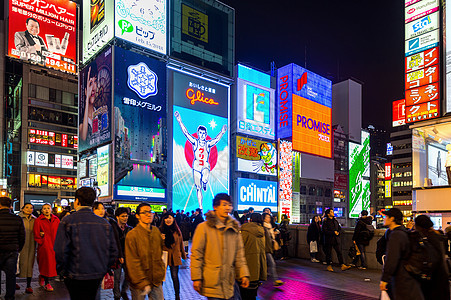 日本大阪Dotonbori夜街购物街旅游者市场一叶广告牌广告游客地标生活黑门商业市中心图片