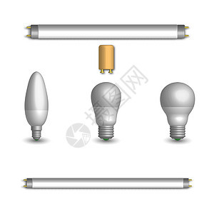 在 3D 矢量图中设置不同的 LED 和荧光灯泡绘画力量起动机亮度照片管子照明白色真实感经济图片