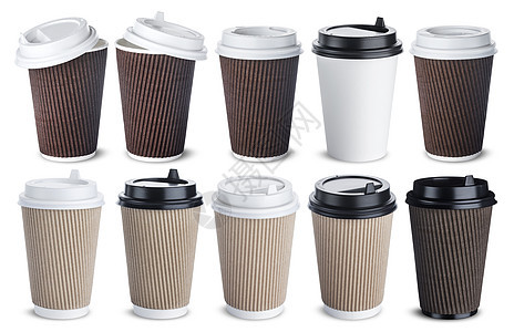 白色背景上孤立的纸杯咖啡杯纸盒空白收藏品牌咖啡小样包装黑色咖啡店饮料图片