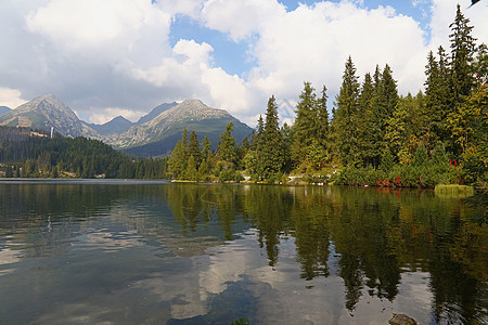 拥有山湖和森林的美丽风景多云国家绿色季节场景反射树木地平线天空蓝色图片