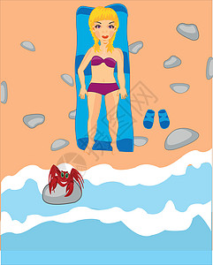 海滩上的女孩晒黑谎言动物冲浪海洋休假休息插图鞋类泳装天堂图片