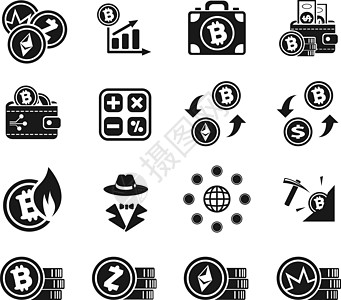 加密货币图标集金子矿业区块链市场硬币图表交换大写字母匿名贸易图片