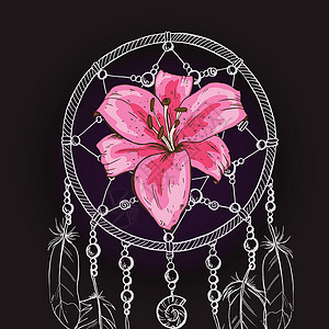 绘画梦想捕捉者 用粉红色的百合花 在黑色背景上 矢量插图图片