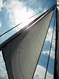 白帆对着蓝天导航织物蓝色运输绳索旅游海洋运动自由帆船图片