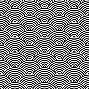 鱼鳞无缝图案背景 抽象设计元素 条纹同心圆的黑色矢量图圆形曲线白色扇贝海浪纺织品插图打印装饰品海洋图片