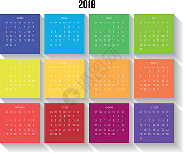 2018 年日历与丰富多彩的月份 星期从星期日开始 它制作图案的简单平面矢量图图片