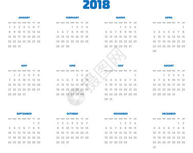 矢量日历2018 年 周从星期日开始 带蓝色标题的简单平面矢量图商业英语数字墙纸日程日记办公室标签规划师卡片图片