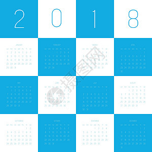 矢量日历2018 年 周从星期日开始 蓝色和白色的简单平面矢量图日记议程卡片数字季节商业时间规划师横幅英语图片