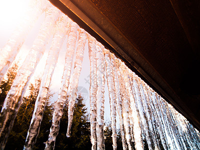 许多明亮透明的冰柱悬挂在屋顶上 被 su 照亮图片