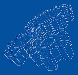 3D齿轮 韦克托线条旋转蓝色艺术技术传动工程白色力学草稿图片