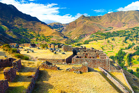 Incan堡垒Pisaq的废墟 秘鲁乌鲁班巴山谷图片