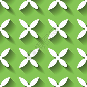 白色四片叶子的抽象矢量无缝图案马赛克在绿色背景上以对角线排列绽放 具有长阴影效果的简单平面设计元素插画