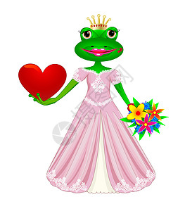 恋爱中的青蛙微笑两栖动物快乐插图粉色公主童话卡通片动物绿色图片