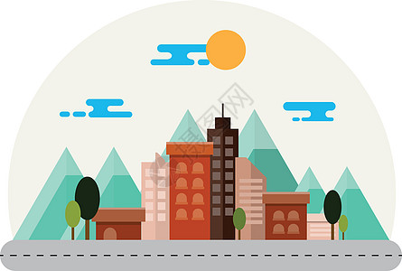 城市景观图 平面设计村庄网络绿色爬坡丘陵插图房子土地场地天气背景图片